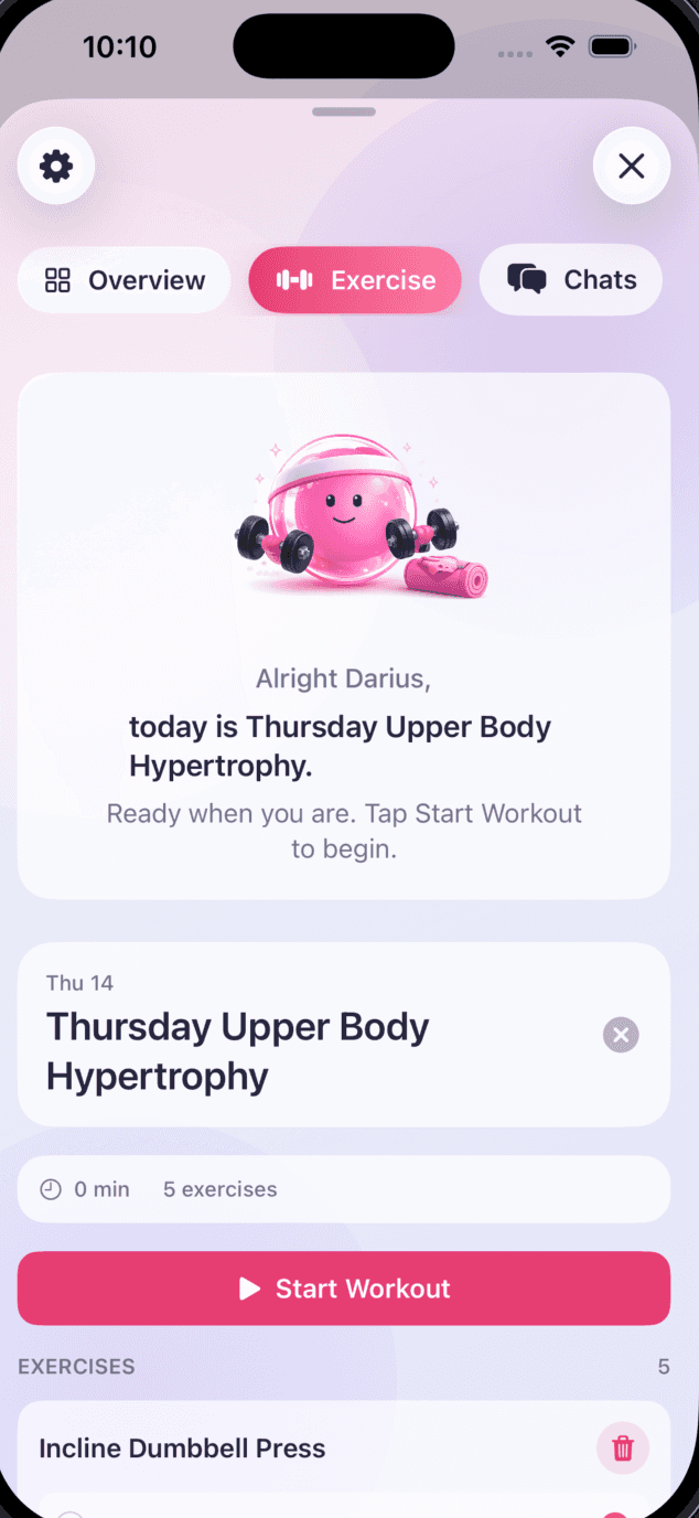 Exercise screen showing sets and workout guidance
